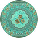 Round Machine Washable Medallion Turquoise French Area Rugs, wshtr922turq