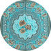 Round Machine Washable Medallion Light Blue French Rug, wshtr922lblu