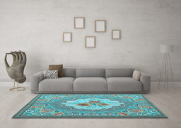 Machine Washable Medallion Light Blue French Rug in a Living Room, wshtr922lblu