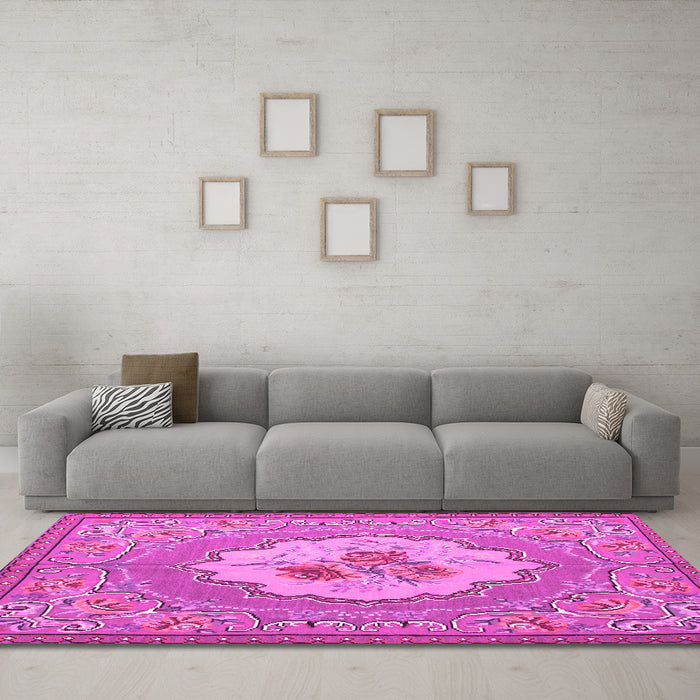 Machine Washable Medallion Pink French Rug in a Living Room, wshtr922pnk