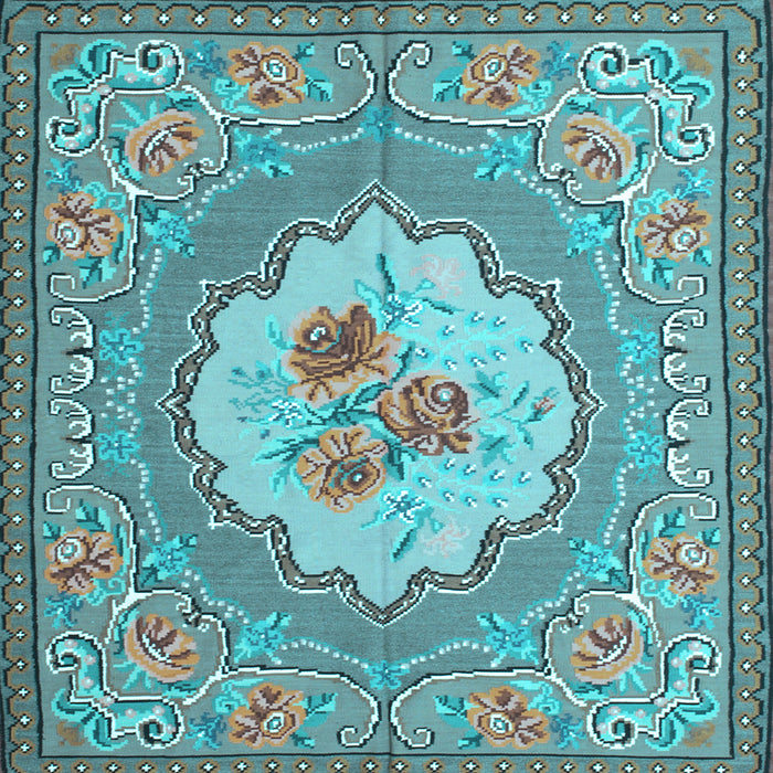 Square Machine Washable Medallion Light Blue French Rug, wshtr922lblu