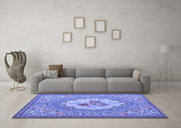 Machine Washable Medallion Blue French Rug in a Living Room, wshtr922blu
