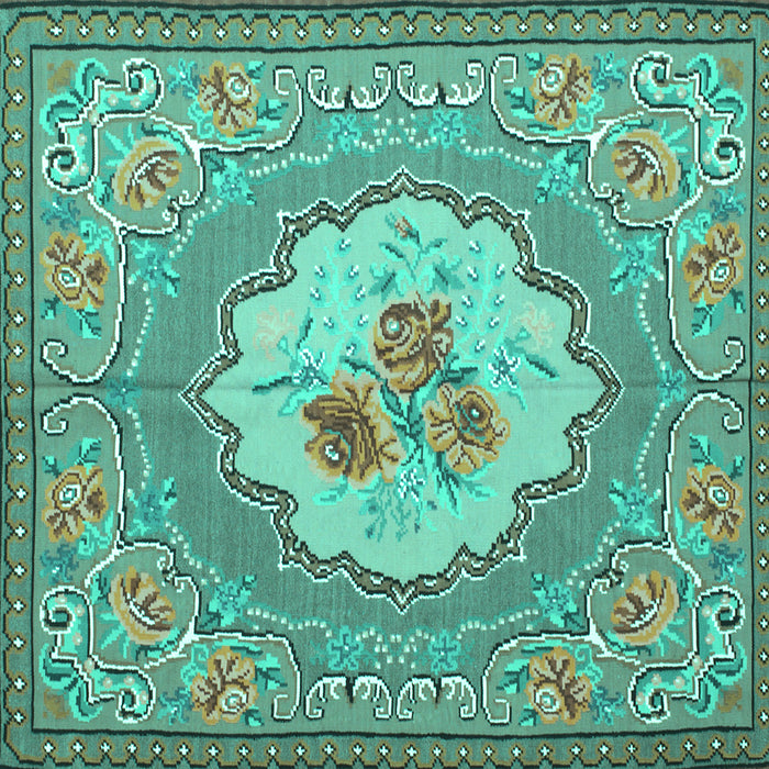 Square Machine Washable Medallion Turquoise French Area Rugs, wshtr922turq