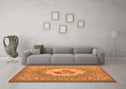 Machine Washable Medallion Orange French Area Rugs in a Living Room, wshtr922org