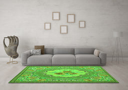 Machine Washable Medallion Green French Area Rugs in a Living Room,, wshtr922grn