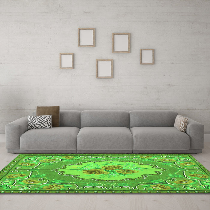 Machine Washable Medallion Green French Area Rugs in a Living Room,, wshtr922grn
