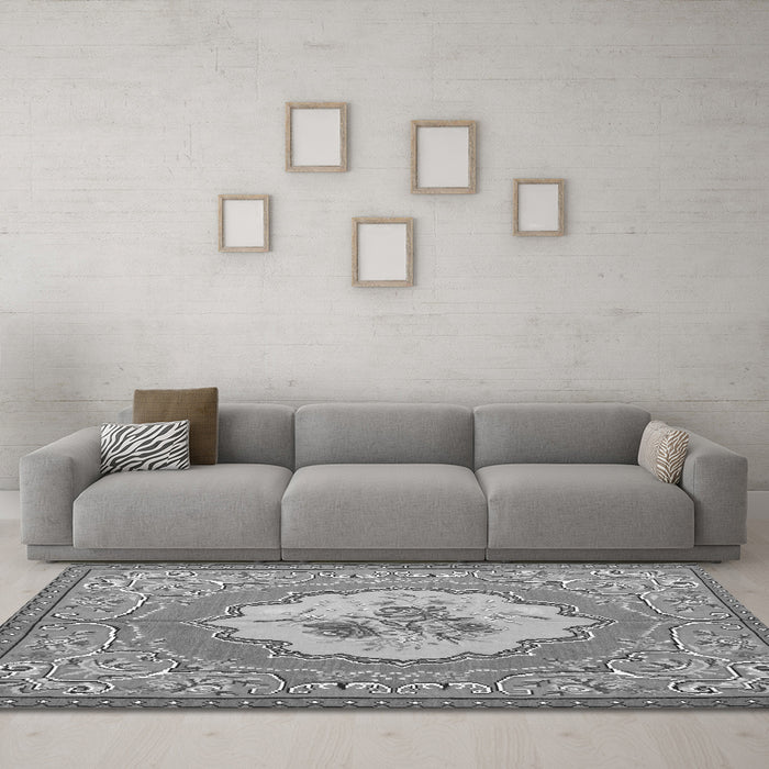 Machine Washable Medallion Gray French Rug in a Living Room,, wshtr922gry
