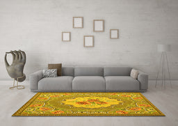 Machine Washable Medallion Yellow French Rug in a Living Room, wshtr922yw