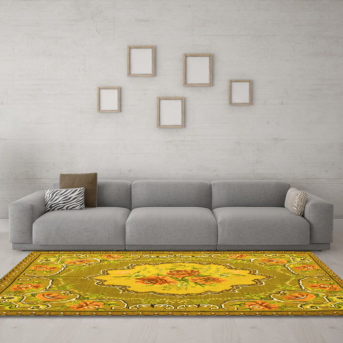 Machine Washable Medallion Yellow French Rug in a Living Room, wshtr922yw