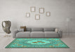 Machine Washable Medallion Turquoise French Area Rugs in a Living Room,, wshtr922turq