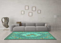 Machine Washable Medallion Turquoise French Area Rugs in a Living Room,, wshtr922turq