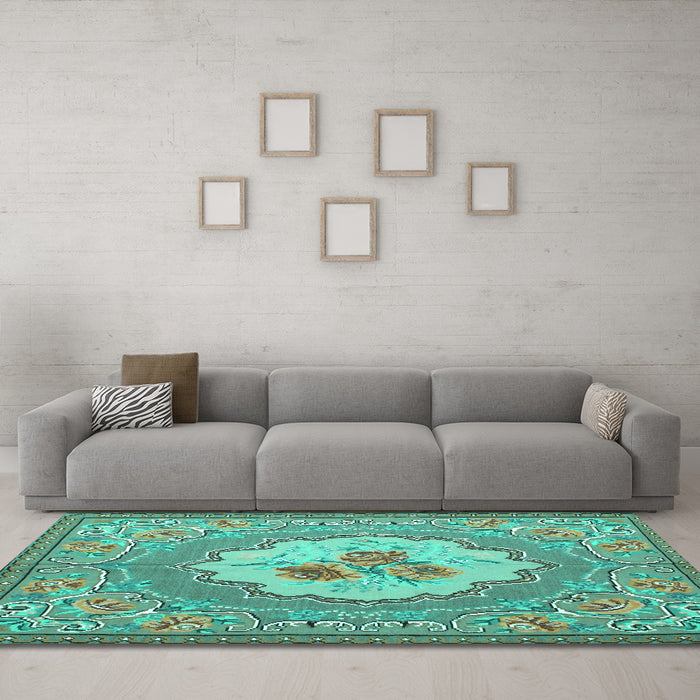Machine Washable Medallion Turquoise French Area Rugs in a Living Room,, wshtr922turq