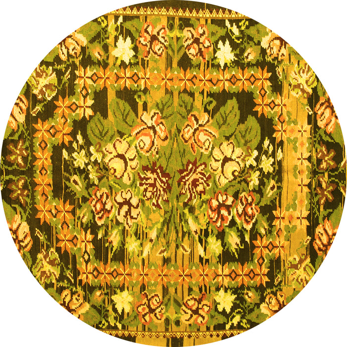 Round Machine Washable Medallion Yellow French Rug, wshtr923yw