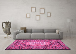 Machine Washable Medallion Pink French Rug in a Living Room, wshtr925pnk