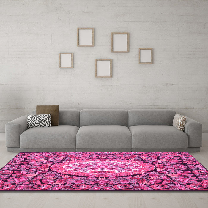 Machine Washable Medallion Pink French Rug in a Living Room, wshtr925pnk