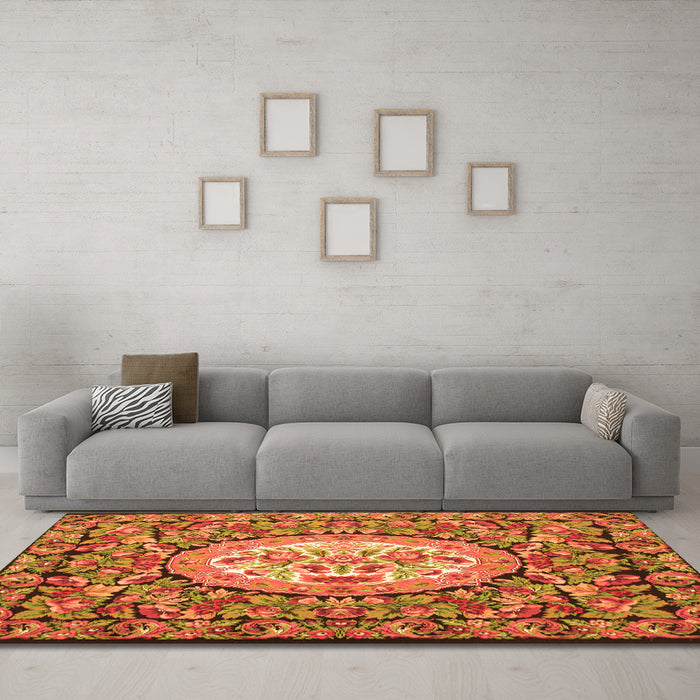 Machine Washable Medallion Orange French Area Rugs in a Living Room, wshtr925org