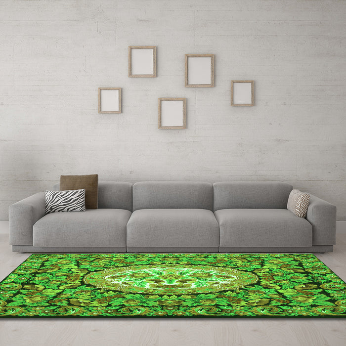 Machine Washable Medallion Green French Area Rugs in a Living Room,, wshtr925grn