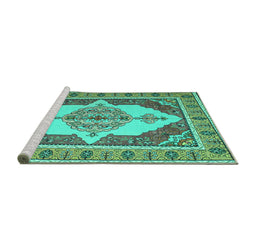 Sideview of Machine Washable Persian Turquoise Traditional Area Rugs, wshtr927turq