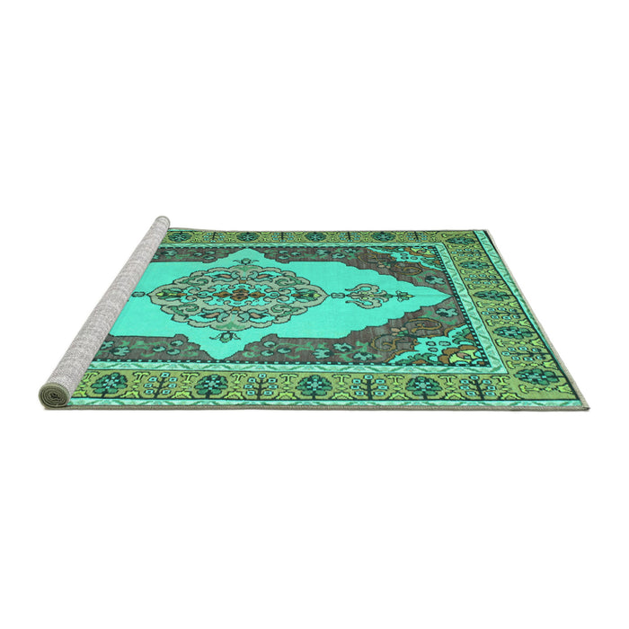 Sideview of Machine Washable Persian Turquoise Traditional Area Rugs, wshtr927turq