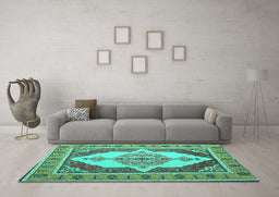 Machine Washable Persian Turquoise Traditional Area Rugs in a Living Room,, wshtr927turq