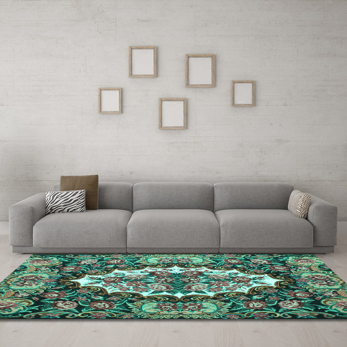 Machine Washable Persian Turquoise Traditional Area Rugs in a Living Room,, wshtr928turq