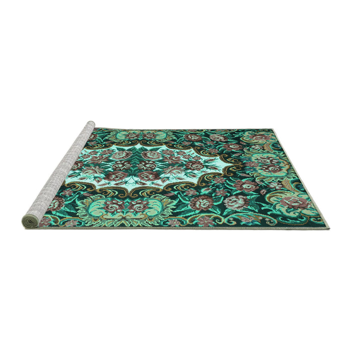 Sideview of Machine Washable Persian Turquoise Traditional Area Rugs, wshtr928turq