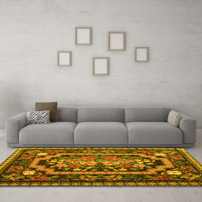 Machine Washable Medallion Yellow French Rug in a Living Room, wshtr929yw