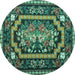 Round Machine Washable Medallion Turquoise French Area Rugs, wshtr929turq