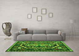 Machine Washable Medallion Green French Area Rugs in a Living Room,, wshtr929grn