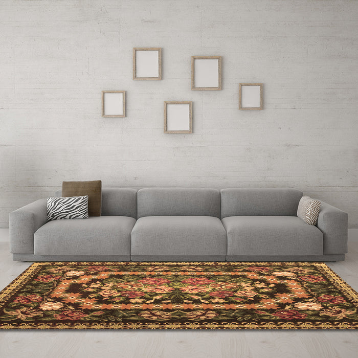 Machine Washable Medallion Brown French Rug in a Living Room,, wshtr929brn
