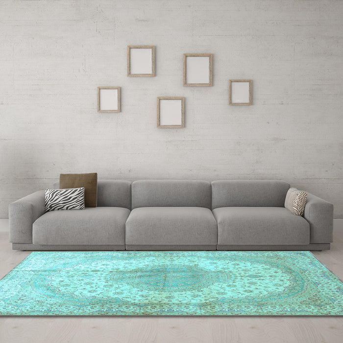 Machine Washable Medallion Light Blue Traditional Rug in a Living Room, wshtr92lblu