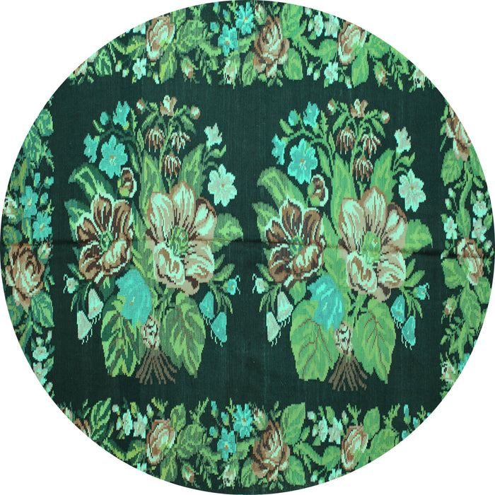Round Machine Washable Medallion Turquoise French Area Rugs, wshtr930turq