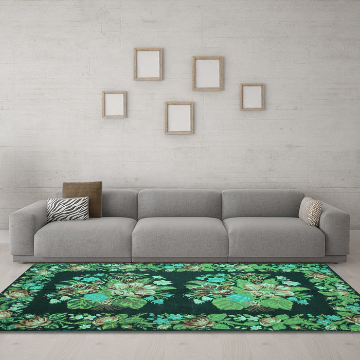 Machine Washable Medallion Turquoise French Area Rugs in a Living Room,, wshtr930turq