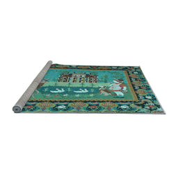 Sideview of Machine Washable Medallion Light Blue French Rug, wshtr931lblu