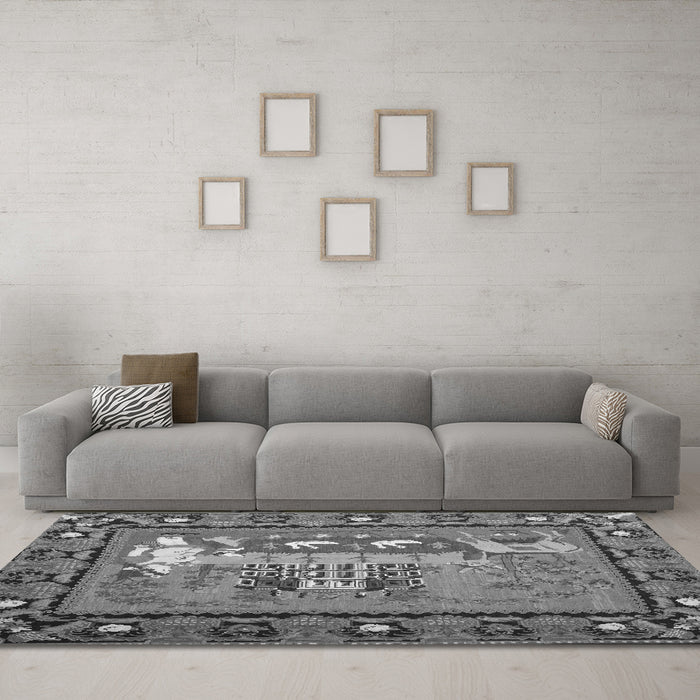 Machine Washable Medallion Gray French Rug in a Living Room,, wshtr931gry