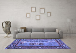Machine Washable Medallion Blue French Rug in a Living Room, wshtr931blu