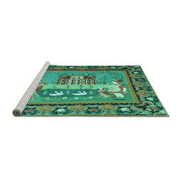 Sideview of Machine Washable Medallion Turquoise French Area Rugs, wshtr931turq