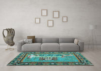 Machine Washable Medallion Light Blue French Rug, wshtr931lblu