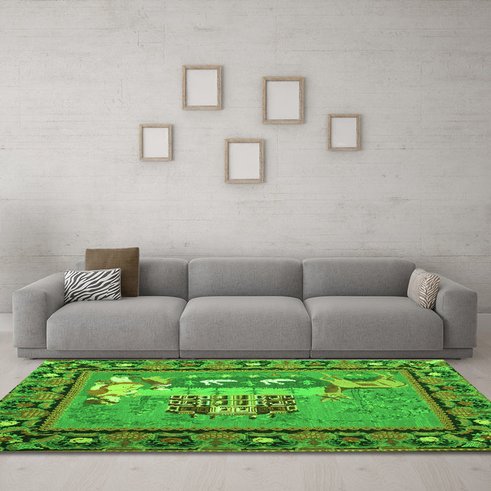 Machine Washable Medallion Green French Area Rugs in a Living Room,, wshtr931grn
