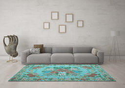Machine Washable Medallion Light Blue French Rug in a Living Room, wshtr933lblu