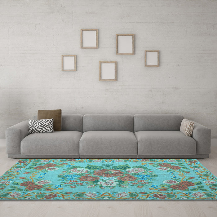 Machine Washable Medallion Light Blue French Rug in a Living Room, wshtr933lblu