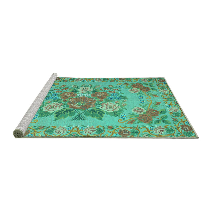 Sideview of Machine Washable Medallion Turquoise French Area Rugs, wshtr933turq