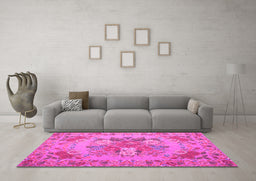 Machine Washable Medallion Pink French Rug in a Living Room, wshtr933pnk