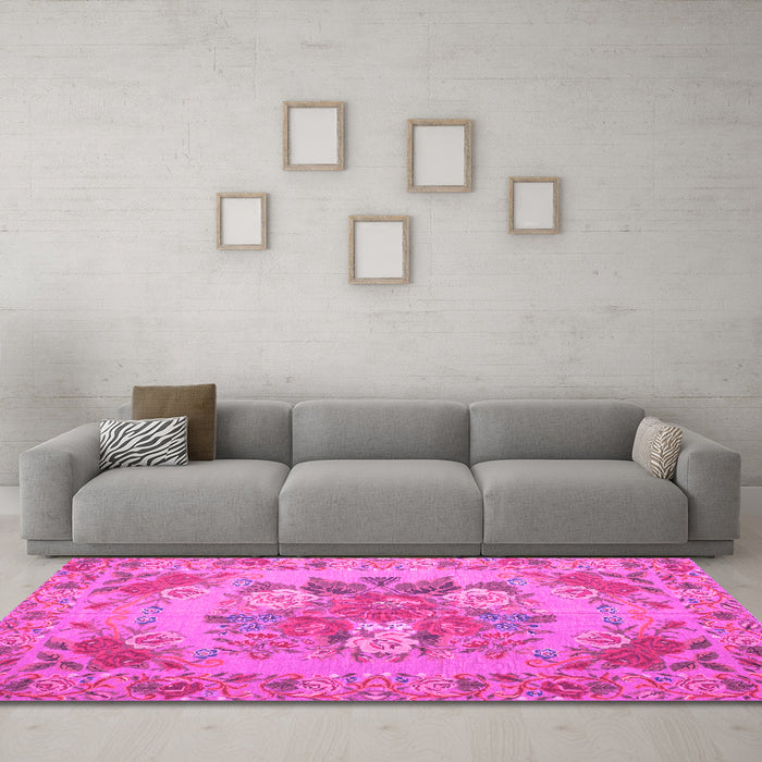 Machine Washable Medallion Pink French Rug in a Living Room, wshtr933pnk