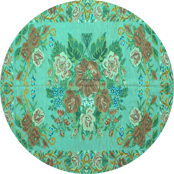 Round Machine Washable Medallion Turquoise French Area Rugs, wshtr933turq