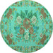 Round Machine Washable Medallion Turquoise French Area Rugs, wshtr933turq