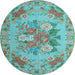 Round Machine Washable Medallion Light Blue French Rug, wshtr933lblu