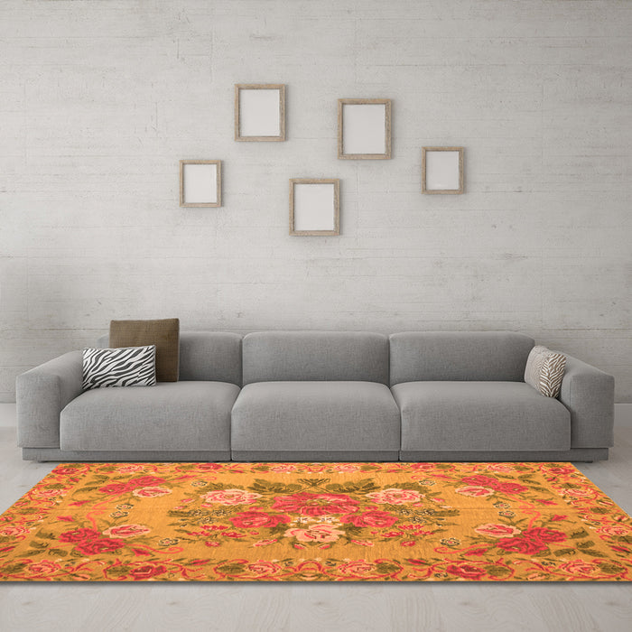 Machine Washable Medallion Orange French Area Rugs in a Living Room, wshtr933org