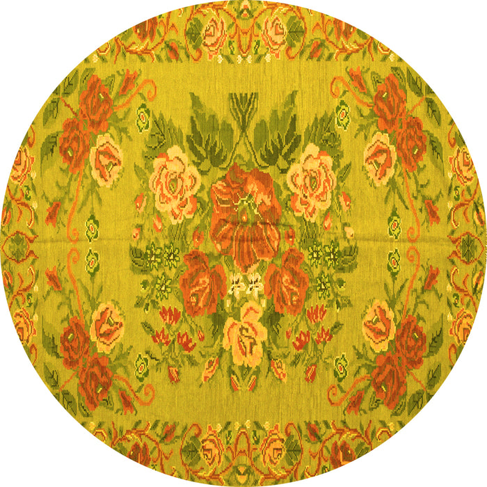 Round Machine Washable Medallion Yellow French Rug, wshtr933yw