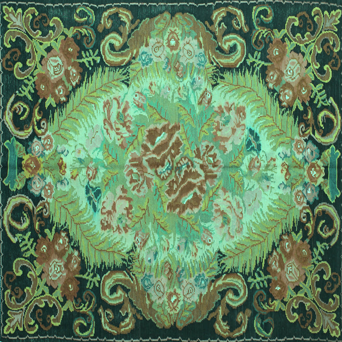 Square Machine Washable Medallion Turquoise French Area Rugs, wshtr934turq
